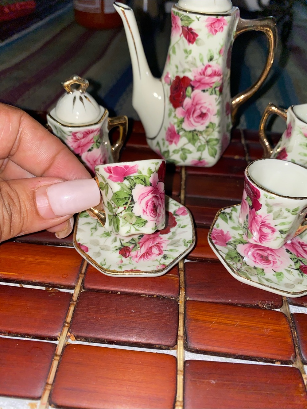 Floral Porcelain Mini Tea Set in Pink Rose with Gold Trim - Picture 2 of 8